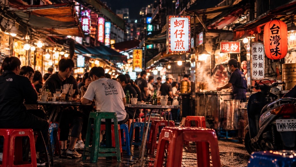 People eating at a Taiwan night market on colorful plastic stools, with stall lights, steam, and wet pavement.